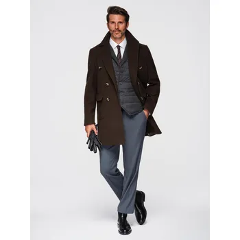 Pánský kabát Pánský dvouřadový kabát s ozdobnými knoflíky - tmavě hnědý V3 OM-COWC-0137 - M