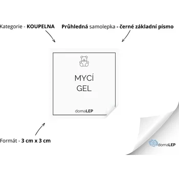 MYCÍ GEL - Samolepky, Nálepky a Štítky na lahvičky | DomaLEP tvar: ČTVEREC, barva: PRŮHLEDNÁ - ČERNÉ písmo, velikost: š. 3 cm x v. 3 cm - základní písmo