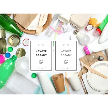 KOVOVÉ ODPADY - organizační samolepky od DomaLEP tvar: OBDÉLNÍK, barva: PRŮHLEDNÁ - ČERNÉ písmo, velikost: š. 6 cm x v. 8 cm – základní písmo