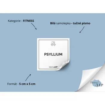Dóza na potraviny PSYLLIUM - Samolepka na dózu pro fitness doplňky - DomaLEP tvar: ČTVEREC, barva: BÍLÁ - ČERNÉ písmo, velikost: š. 5 cm x v. 5 cm - tučné písmo