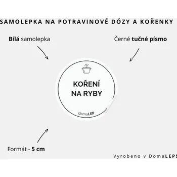 Speciální papír KOŘENÍ NA RYBY - omyvatelná samolepka na kořenky, výběr rozměrů Ø 5 cm / 5 x 5 cm / 6 x 8 cm | DomaLEP tvar: KOLEČKO, barva: BÍLÁ - ČERNÉ písmo, velikost: Ø 5 cm - tučné písmo