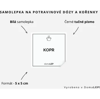 Samolepící etiketa KOPR - omyvatelná samolepka na kořenky, výběr rozměrů Ø 5 cm / 5 x 5 cm / 6 x 8 cm | DomaLEP tvar: ČTVEREC, barva: BÍLÁ - ČERNÉ písmo, velikost: š. 5 cm x v. 5 cm - tučné písmo
