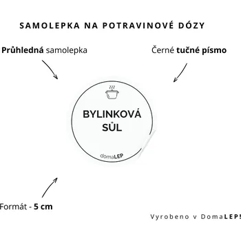 Dóza na potraviny BYLINKOVÁ SŮL - omyvatelná samolepka na dózu, výběr rozměrů Ø 5 cm / 5 x 5 cm / 6 x 8 cm | DomaLEP tvar: KOLEČKO, barva: PRŮHLEDNÁ - ČERNÉ písmo, velikost: Ø 5 cm - tučné písmo