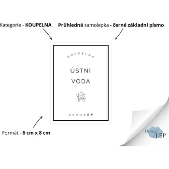ÚSTNÍ VODA (ŽENA) - Samolepky, Nálepky a Štítky na lahvičky | DomaLEP tvar: OBDÉLNÍK, barva: PRŮHLEDNÁ - ČERNÉ písmo, velikost: š. 6 cm x v. 8 cm – základní písmo