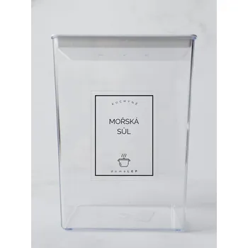 Speciální papír MOŘSKÁ SŮL – průhledná samolepka na dózu, základní písmo, 6 x 8 cm | DomaLEP