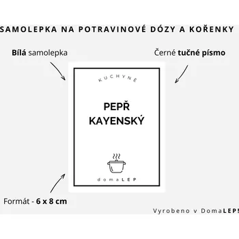 Speciální papír PEPŘ KAYENSKÝ - omyvatelná samolepka na kořenky, výběr rozměrů Ø 5 cm / 5 x 5 cm / 6 x 8 cm | DomaLEP tvar: OBDÉLNÍK, barva: BÍLÁ - ČERNÉ písmo, velikost: š. 6 cm x v. 8 cm - tučné písmo