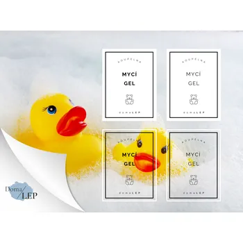 MYCÍ GEL - Samolepky, Nálepky a Štítky na lahvičky | DomaLEP tvar: OBDÉLNÍK, barva: PRŮHLEDNÁ - ČERNÉ písmo, velikost: š. 4 cm x v. 6 cm - tučné písmo