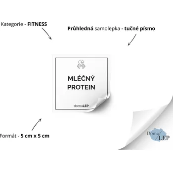 Dóza na potraviny MLÉČNÝ PROTEIN - Samolepka na dózu pro fitness doplňky - DomaLEP tvar: ČTVEREC, barva: PRŮHLEDNÁ - ČERNÉ písmo, velikost: š. 5 cm x v. 5 cm - tučné písmo