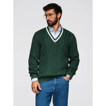 Pánský svetr Pánský kostkovaný svetr s výstřihem - zelený V3 OM-SWSW-0151 - S