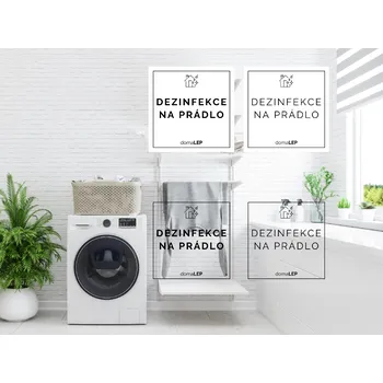 DEZINFEKCE NA PRÁDLO - organizační samolepky od DomaLEP tvar: ČTVEREC, barva: PRŮHLEDNÁ - ČERNÉ písmo, velikost: š. 4 cm x v. 4 cm - tučné písmo
