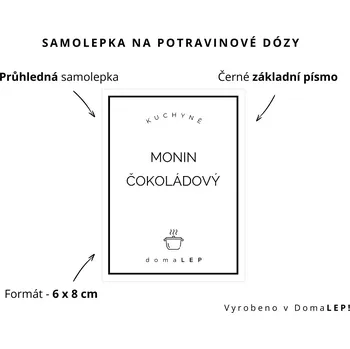 Dóza na potraviny MONIN ČOKOLÁDOVÝ - omyvatelná samolepka na dózu, výběr rozměrů Ø 5 cm / 5 x 5 cm / 6 x 8 cm | DomaLEP tvar: OBDÉLNÍK, barva: PRŮHLEDNÁ - ČERNÉ písmo, velikost: š. 6 cm x v. 8 cm – základní písmo
