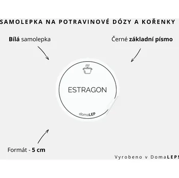 Speciální papír ESTRAGON - omyvatelná samolepka na kořenky, výběr rozměrů Ø 5 cm / 5 x 5 cm / 6 x 8 cm | DomaLEP tvar: KOLEČKO, barva: BÍLÁ - ČERNÉ písmo, velikost: Ø 5 cm - základní písmo