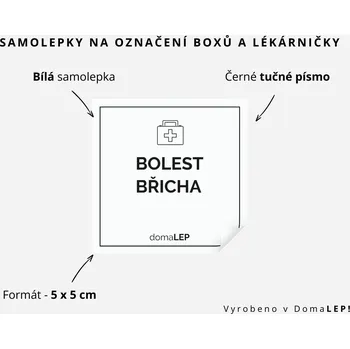 Lékárnička BOLEST BŘICHA - Samolepka na boxy a lékárničku, 5 x 5 cm - DomaLEP rozměr: 5 x 5 cm, barva: BÍLÁ, písmo: černé tučné písmo