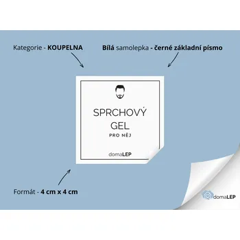 SPRCHOVÝ GEL (PRO NĚJ) - Samolepky, Nálepky a Štítky na lahvičky | DomaLEP tvar: ČTVEREC, barva: BÍLÁ - ČERNÉ písmo, velikost: š. 4 cm x v. 4 cm - základní písmo