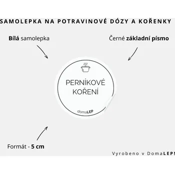 Samolepící etiketa PERNÍKOVÉ KOŘENÍ - omyvatelná samolepka na kořenky, výběr rozměrů Ø 5 cm / 5 x 5 cm / 6 x 8 cm | DomaLEP tvar: KOLEČKO, barva: BÍLÁ - ČERNÉ písmo, velikost: Ø 5 cm - základní písmo