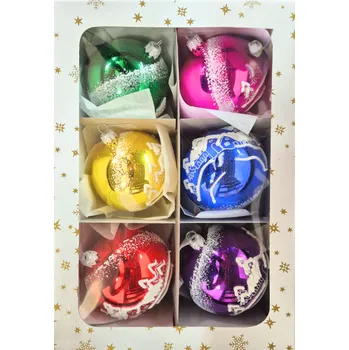 Vánoční dekorace Vánoční skleněné koule 8cm, lesk, bílý motiv vesničky, 6ks, mix barev