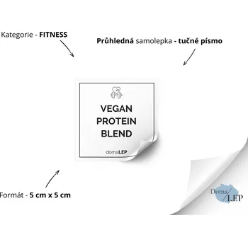 Dóza na potraviny VEGAN PROTEIN BLEND - Samolepka na dózu pro fitness doplňky - DomaLEP tvar: ČTVEREC, barva: PRŮHLEDNÁ - ČERNÉ písmo, velikost: š. 5 cm x v. 5 cm - tučné písmo