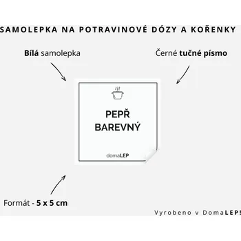Samolepící etiketa PEPŘ BAREVNÝ - omyvatelná samolepka na kořenky, výběr rozměrů Ø 5 cm / 5 x 5 cm / 6 x 8 cm | DomaLEP tvar: ČTVEREC, barva: BÍLÁ - ČERNÉ písmo, velikost: š. 5 cm x v. 5 cm - tučné písmo