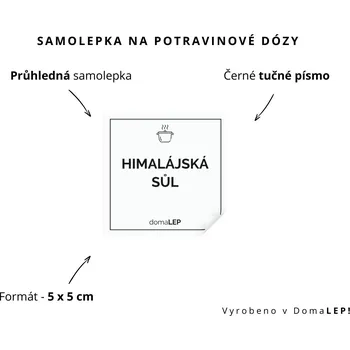 Dóza na potraviny HIMALÁJSKÁ SŮL - omyvatelná samolepka na dózu, výběr rozměrů Ø 5 cm / 5 x 5 cm / 6 x 8 cm | DomaLEP tvar: ČTVEREC, barva: PRŮHLEDNÁ - ČERNÉ písmo, velikost: š. 5 cm x v. 5 cm - tučné písmo