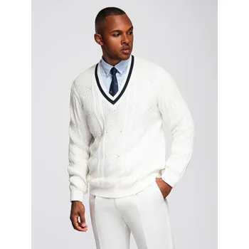 Pánský svetr Pánský kostkovaný svetr s výstřihem - bílý V1 OM-SWSW-0151 - M