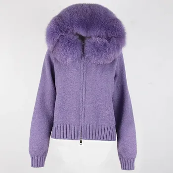 Best Fashion Pletený dámský cardigan s kapucí a límcem z liščí kožešiny Velikost: ONE SIZE, Barva (Varianta): Pruple fox