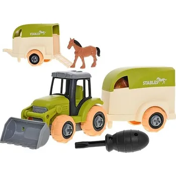 autíčko Mikrotrading Traktor 26 cm šroubovací, volný chod s přívěsem a koněm