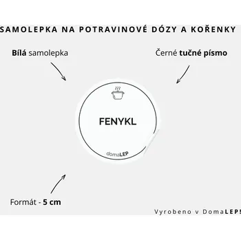 Speciální papír FENYKL - omyvatelná samolepka na kořenky, výběr rozměrů Ø 5 cm / 5 x 5 cm / 6 x 8 cm | DomaLEP tvar: KOLEČKO, barva: BÍLÁ - ČERNÉ písmo, velikost: Ø 5 cm - tučné písmo