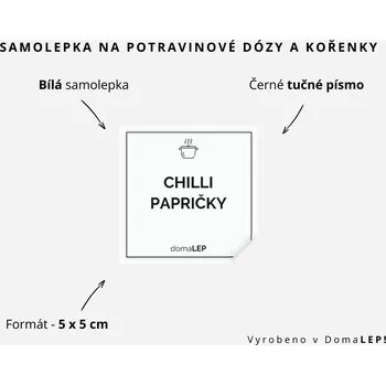 Speciální papír CHILLI PAPRIČKY - omyvatelná samolepka na kořenky, výběr rozměrů Ø 5 cm / 5 x 5 cm / 6 x 8 cm | DomaLEP tvar: ČTVEREC, barva: BÍLÁ - ČERNÉ písmo, velikost: š. 5 cm x v. 5 cm - tučné písmo