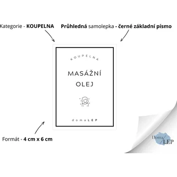 MASÁŽNÍ OLEJ - Samolepky, Nálepky a Štítky na lahvičky | DomaLEP tvar: OBDÉLNÍK, barva: PRŮHLEDNÁ - ČERNÉ písmo, velikost: š. 4 cm x v. 6 cm - základní písmo