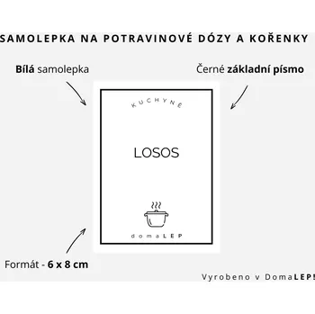 Papír LOSOS - omyvatelná samolepka na kořenky, výběr rozměrů Ø 5 cm / 5 x 5 cm / 6 x 8 cm | DomaLEP tvar: OBDÉLNÍK, barva: BÍLÁ - ČERNÉ písmo, velikost: š. 6 cm x v. 8 cm – základní písmo