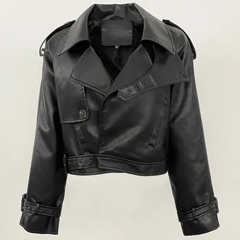 Dámský křivák Best Fashion Krátká dámská koženková bunda s páskem a elegantním střihem Velikost: L, Barva (Varianta): Černá