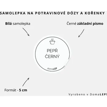Speciální papír PEPŘ ČERNÝ - omyvatelná samolepka na kořenky, výběr rozměrů Ø 5 cm / 5 x 5 cm / 6 x 8 cm | DomaLEP tvar: KOLEČKO, barva: BÍLÁ - ČERNÉ písmo, velikost: Ø 5 cm - základní písmo