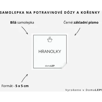 Samolepící etiketa HRANOLKY - omyvatelná samolepka na kořenky, výběr rozměrů Ø 5 cm / 5 x 5 cm / 6 x 8 cm | DomaLEP tvar: ČTVEREC, barva: BÍLÁ - ČERNÉ písmo, velikost: š. 5 cm x v. 5 cm - základní písmo