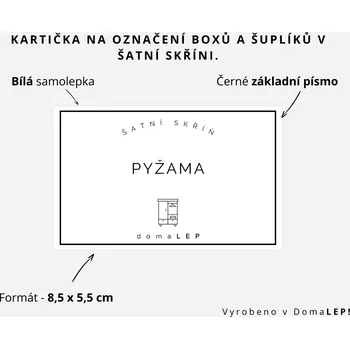 Organizér oblečení PYŽAMA - Kartička na šuplíky a boxy do šatní skříně, 8,5 x 5,5 cm - DomaLEP barva: BÍLÁ - ČERNÉ písmo, velikost: š. 8,5 cm x v. 5,5 cm - základní písmo