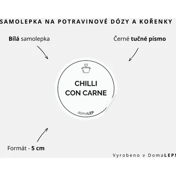 Speciální papír CHILLI CON CARNE - omyvatelná samolepka na kořenky, výběr rozměrů Ø 5 cm / 5 x 5 cm / 6 x 8 cm | DomaLEP tvar: KOLEČKO, barva: BÍLÁ - ČERNÉ písmo, velikost: Ø 5 cm - tučné písmo