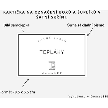 Organizér oblečení TEPLÁKY - Kartička na šuplíky a boxy do šatní skříně, 8,5 x 5,5 cm - DomaLEP barva: BÍLÁ - ČERNÉ písmo, velikost: š. 8,5 cm x v. 5,5 cm - základní písmo