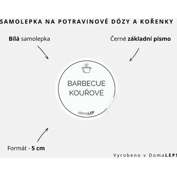 Samolepící etiketa BARBECUE KOUŘOVÉ - omyvatelná samolepka na kořenky, výběr rozměrů Ø 5 cm / 5 x 5 cm / 6 x 8 cm | DomaLEP tvar: KOLEČKO, barva: BÍLÁ - ČERNÉ písmo, velikost: Ø 5 cm - základní písmo