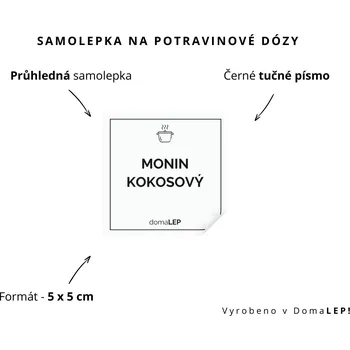 Dóza na potraviny MONIN KOKOSOVÝ - omyvatelná samolepka na dózu, výběr rozměrů Ø 5 cm / 5 x 5 cm / 6 x 8 cm | DomaLEP tvar: ČTVEREC, barva: PRŮHLEDNÁ - ČERNÉ písmo, velikost: š. 5 cm x v. 5 cm - tučné písmo