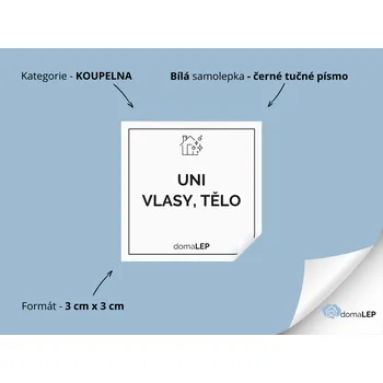 UNI - TĚLO, VLASY - Samolepky, Nálepky a Štítky na lahvičky | DomaLEP tvar: ČTVEREC, barva: BÍLÁ - ČERNÉ písmo, velikost: š. 3 cm x v. 3 cm - tučné písmo