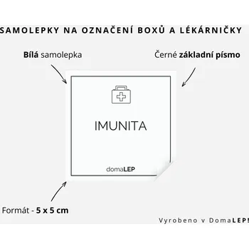 Lékárnička IMUNITA - Samolepka na boxy a lékárničku, 5 x 5 cm - DomaLEP rozměr: 5 x 5 cm, barva: BÍLÁ, písmo: černé základní písmo