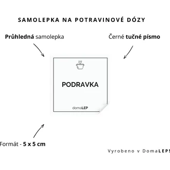 Dóza na potraviny PODRAVKA - omyvatelná samolepka na dózu, výběr rozměrů Ø 5 cm / 5 x 5 cm / 6 x 8 cm | DomaLEP tvar: ČTVEREC, barva: PRŮHLEDNÁ - ČERNÉ písmo, velikost: š. 5 cm x v. 5 cm - tučné písmo