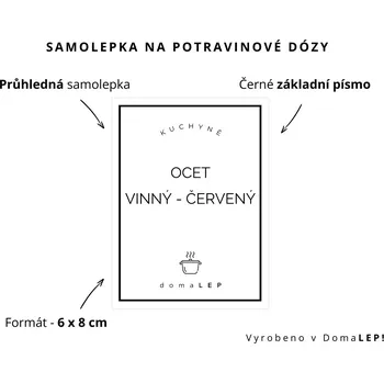 Dóza na potraviny OCET VINNÝ ČERVENÝ - omyvatelná samolepka na dózu, výběr rozměrů Ø 5 cm / 5 x 5 cm / 6 x 8 cm | DomaLEP tvar: OBDÉLNÍK, barva: PRŮHLEDNÁ - ČERNÉ písmo, velikost: š. 6 cm x v. 8 cm – základní písmo