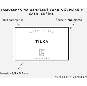Organizér oblečení TÍLKA - Samolepka na šuplíky a boxy do šatní skříně, 8,5 x 5,5 cm - DomaLEP varianta: SAMOLEPKA, barva: BÍLÁ - ČERNÉ písmo, velikost: š. 8,5 cm x v. 5,5 cm - tučné písmo