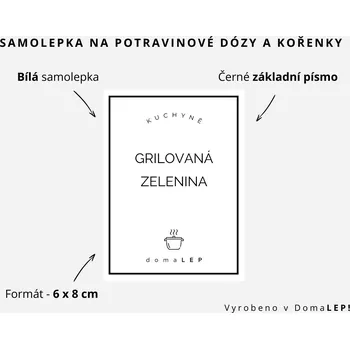Speciální papír GRILOVANÁ ZELENINA - omyvatelná samolepka na kořenky, výběr rozměrů Ø 5 cm / 5 x 5 cm / 6 x 8 cm | DomaLEP tvar: OBDÉLNÍK, barva: BÍLÁ - ČERNÉ písmo, velikost: š. 6 cm x v. 8 cm – základní písmo