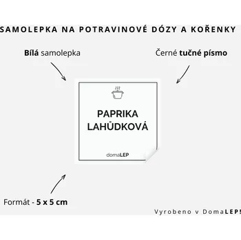 Papír PAPRIKA LAHŮDKOVÁ - omyvatelná samolepka na kořenky, výběr rozměrů Ø 5 cm / 5 x 5 cm / 6 x 8 cm | DomaLEP tvar: ČTVEREC, barva: BÍLÁ - ČERNÉ písmo, velikost: š. 5 cm x v. 5 cm - tučné písmo