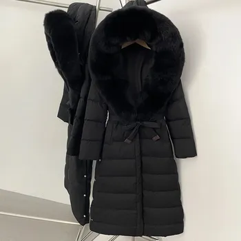Dámská parka Best Fashion Dlouhá dámská péřová bunda s límcem z liščí kožešiny Velikost: L, Barva (Varianta): Black ZX black