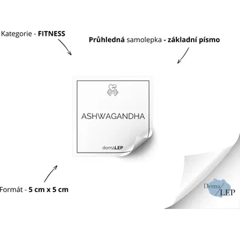 Dóza na potraviny ASHWAGANDHA - Samolepka na dózu pro fitness doplňky - DomaLEP tvar: ČTVEREC, barva: PRŮHLEDNÁ - ČERNÉ písmo, velikost: š. 5 cm x v. 5 cm - základní písmo