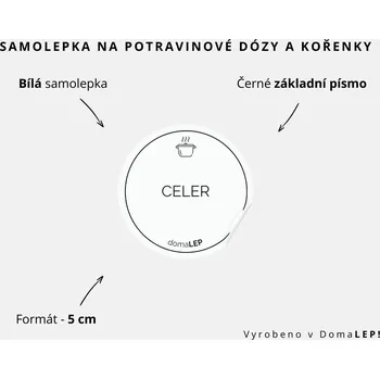 Speciální papír CELER - omyvatelná samolepka na kořenky, výběr rozměrů Ø 5 cm / 5 x 5 cm / 6 x 8 cm | DomaLEP tvar: KOLEČKO, barva: BÍLÁ - ČERNÉ písmo, velikost: Ø 5 cm - základní písmo