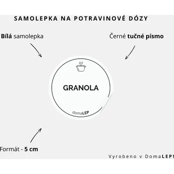 Samolepící etiketa GRANOLA - omyvatelná samolepka na dózu, výběr rozměrů Ø 5 cm / 5 x 5 cm / 6 x 8 cm | DomaLEP tvar: KOLEČKO, barva: BÍLÁ - ČERNÉ písmo, velikost: Ø 5 cm - tučné písmo