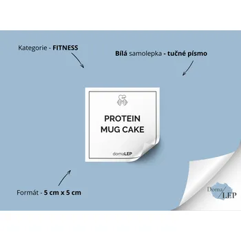 Dóza na potraviny PROTEIN MUG CAKE - Samolepka na dózu pro fitness doplňky - DomaLEP tvar: ČTVEREC, barva: BÍLÁ - ČERNÉ písmo, velikost: š. 5 cm x v. 5 cm - tučné písmo